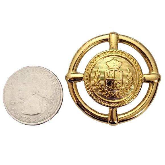 Liz Claiborne Gold Tone Signature Shield Round Laurel Leaf Edge Brooch Pin E474 - Picture 6 of 8